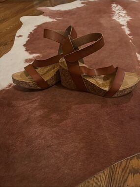 Women's Tan Cork Wedge Sandals with Ankle Strap